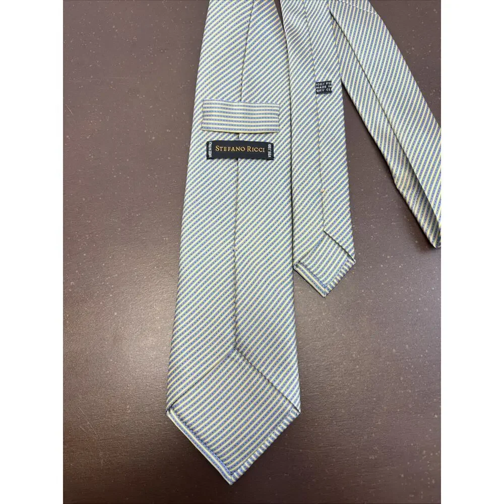 STEFANO RICCI Luxury Collection Silk Necktie ITALY Striped Yellow Blue Mens Tie